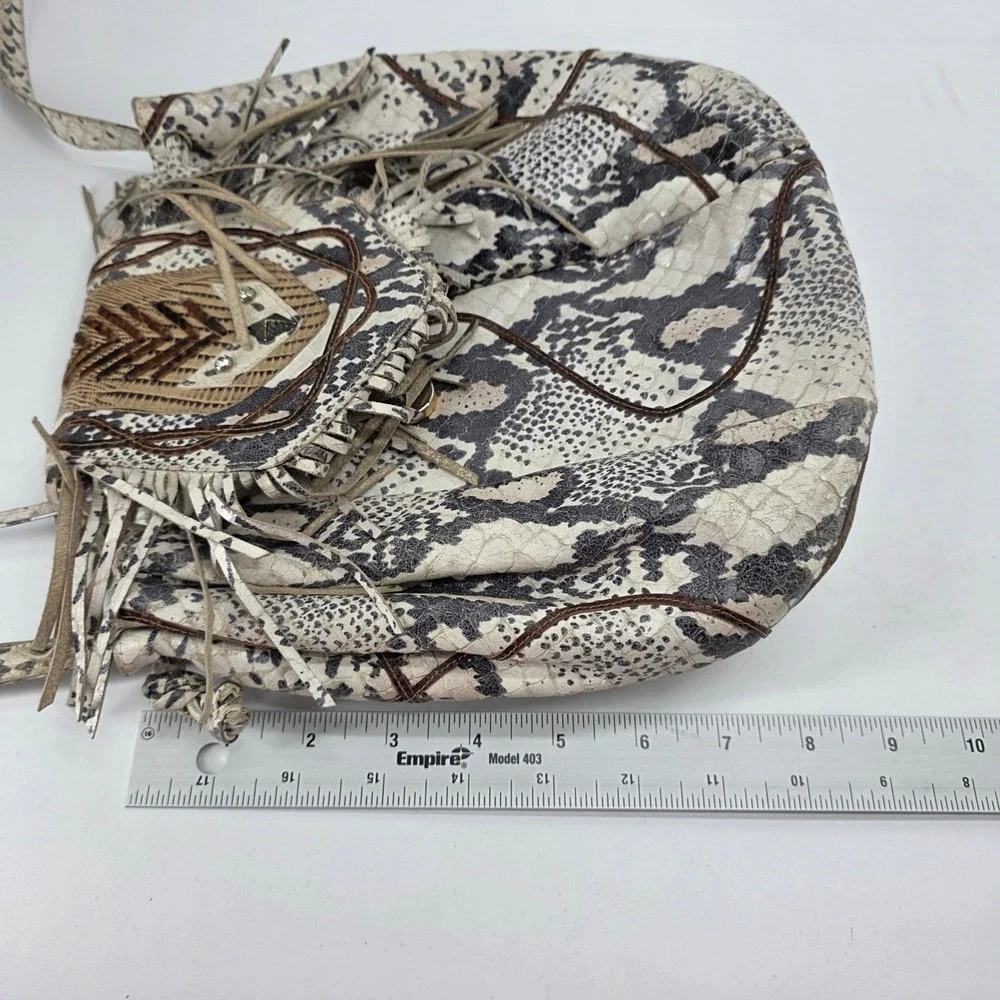 Vintage Hobo Bucket Bag Snakeskin Print‎ Fringe Leather Brown Cream Coin Purse